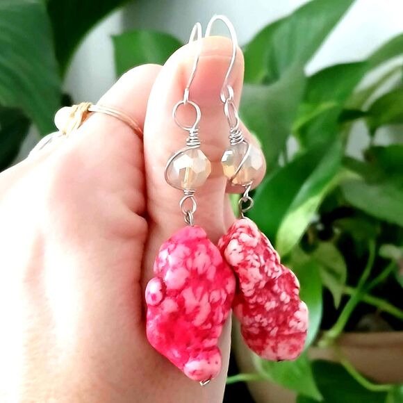 Large Boho Style Howlite Dangle Earrings, Neon Pink, Boho Chic, Statement - Picture 2 of 6